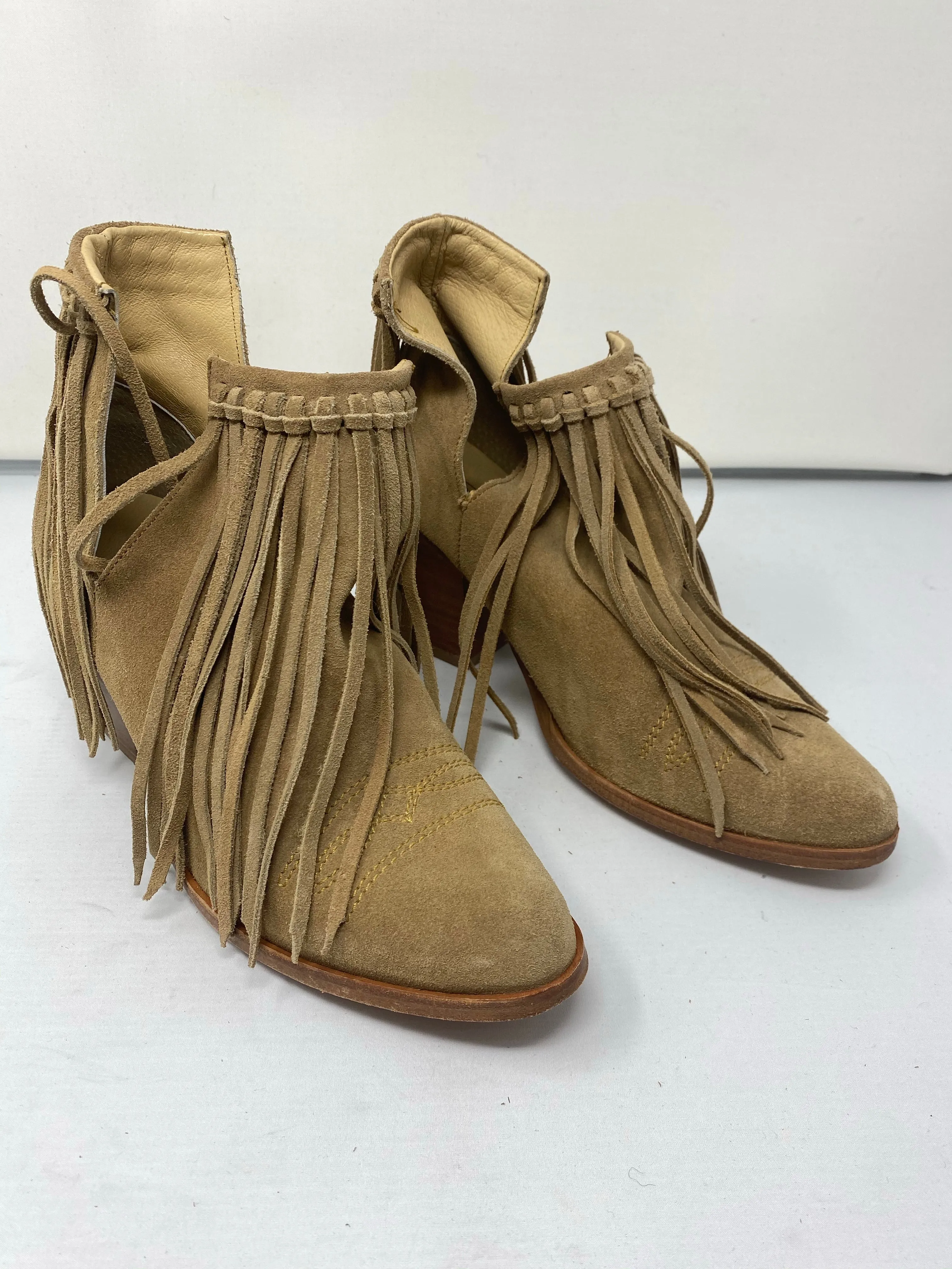 Sole Child Camel Suede Fringe Open Side Stitch Detail Booties