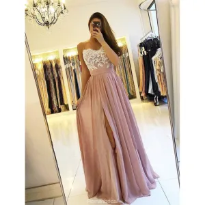 Spaghetti Straps Lace Appliques Split Long Bridesmaid dresses, BD0521