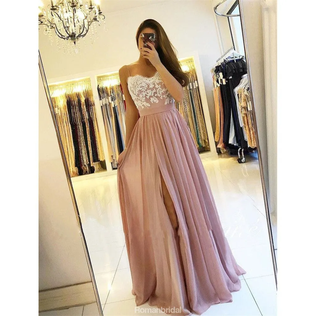 Spaghetti Straps Lace Appliques Split Long Bridesmaid dresses, BD0521