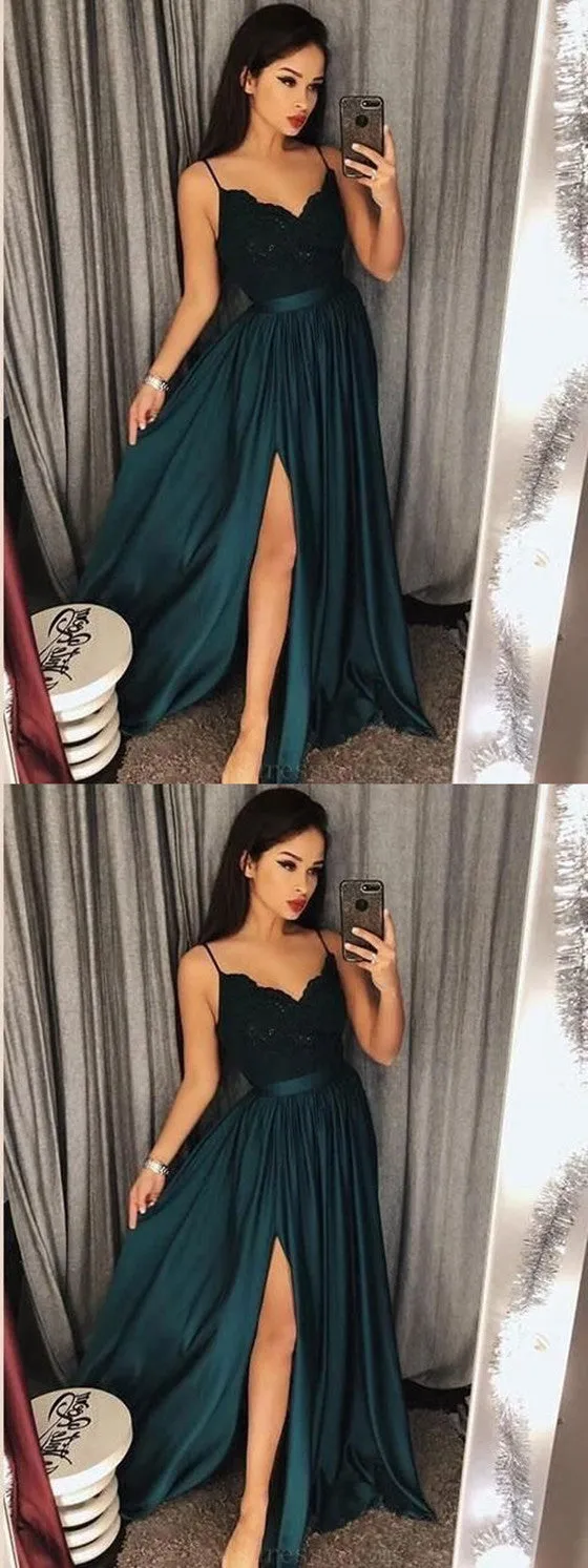 Spaghetti Straps Lace Appliques Top Long cheap Prom Dress, PD0601