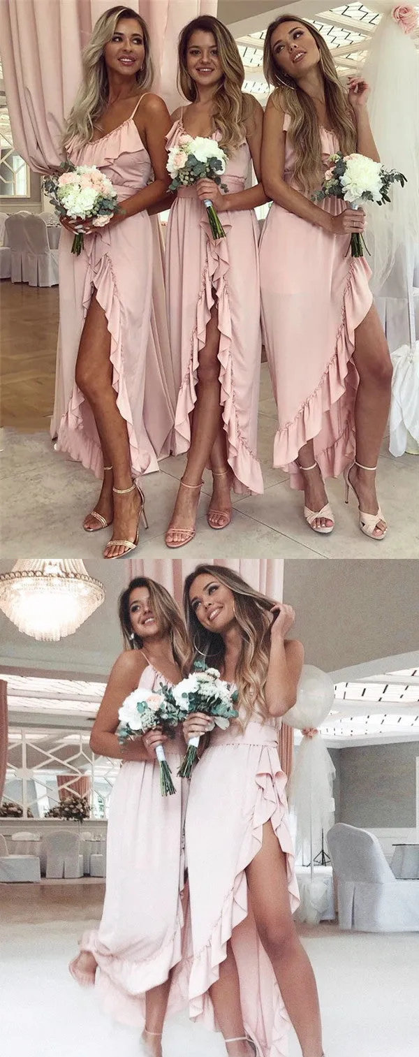 Spaghetti Straps Ruffles Sexy Bridesmaid Dresses With Split, BD0596