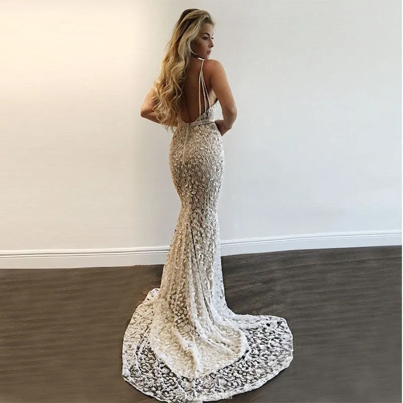 Spaghetti Straps Sexy Deep V-neck Long Prom Dress With Appliques, PD0614