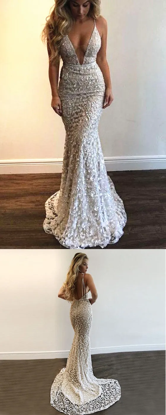 Spaghetti Straps Sexy Deep V-neck Long Prom Dress With Appliques, PD0614