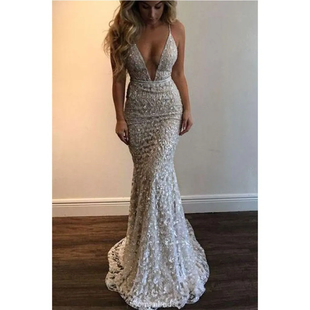 Spaghetti Straps Sexy Deep V-neck Long Prom Dress With Appliques, PD0614