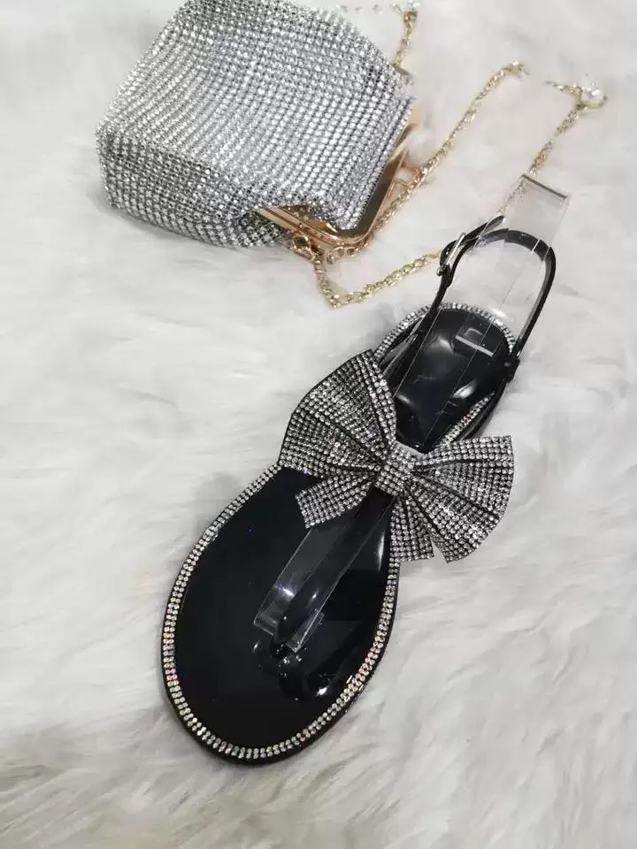SPARKLY FLAT ANKLE STRAP BOW SANDALS