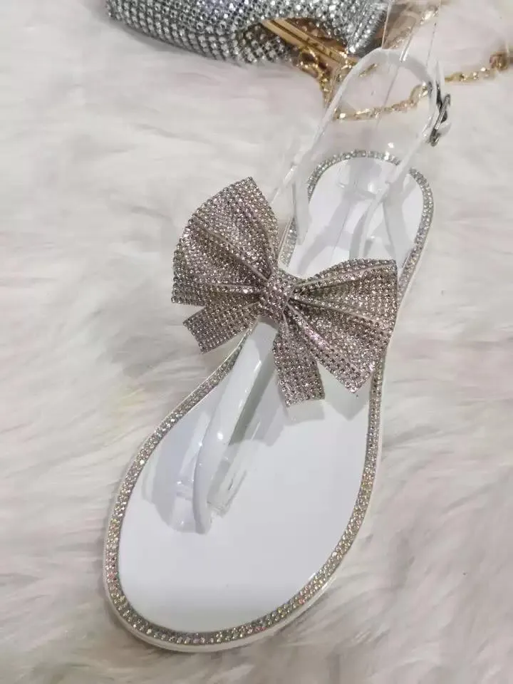 SPARKLY FLAT ANKLE STRAP BOW SANDALS