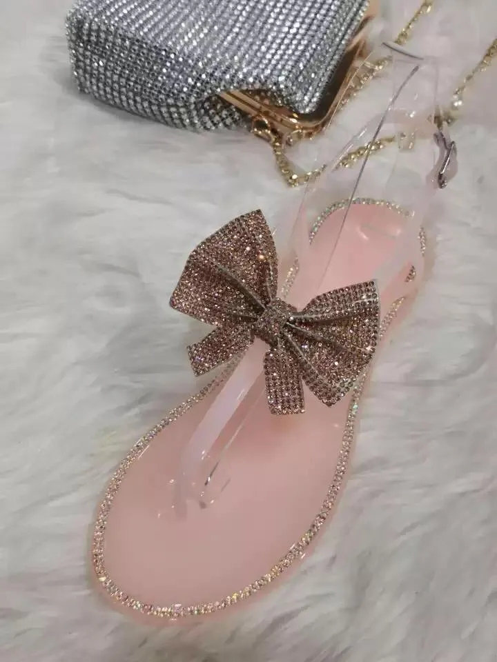 SPARKLY FLAT ANKLE STRAP BOW SANDALS