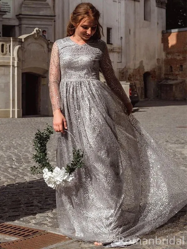 Sparkly Long Sleeves Illusion Floor Length Tulle A-line Bridesmaid Dresses, BG286