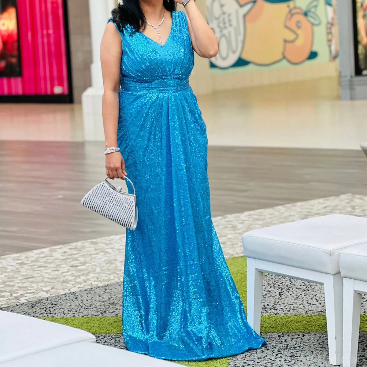 Sparkly Sequins Sleeveless V-neck A-line Long Ocean Blue Bridesmaid Dresses, BG417