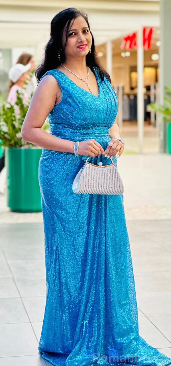 Sparkly Sequins Sleeveless V-neck A-line Long Ocean Blue Bridesmaid Dresses, BG417