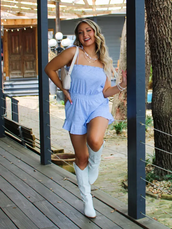 Spring Fling Tie Strap Romper, Gingham Check Blue