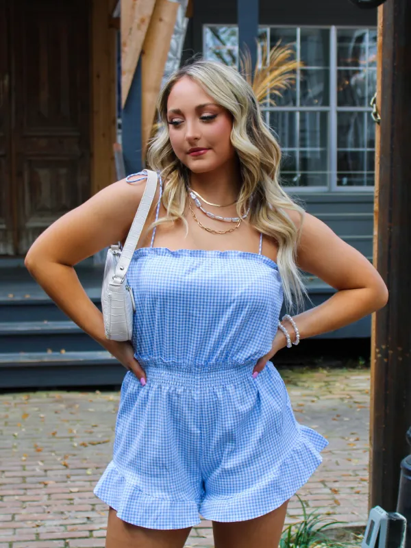 Spring Fling Tie Strap Romper, Gingham Check Blue