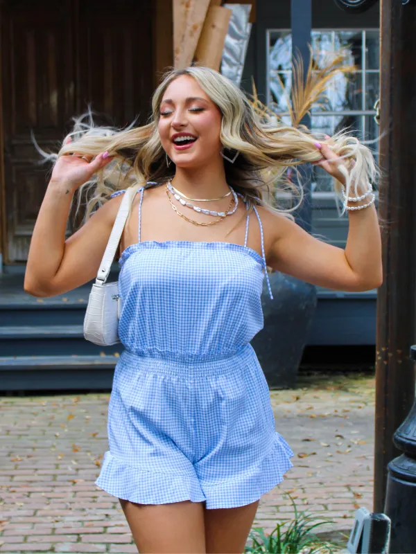 Spring Fling Tie Strap Romper, Gingham Check Blue
