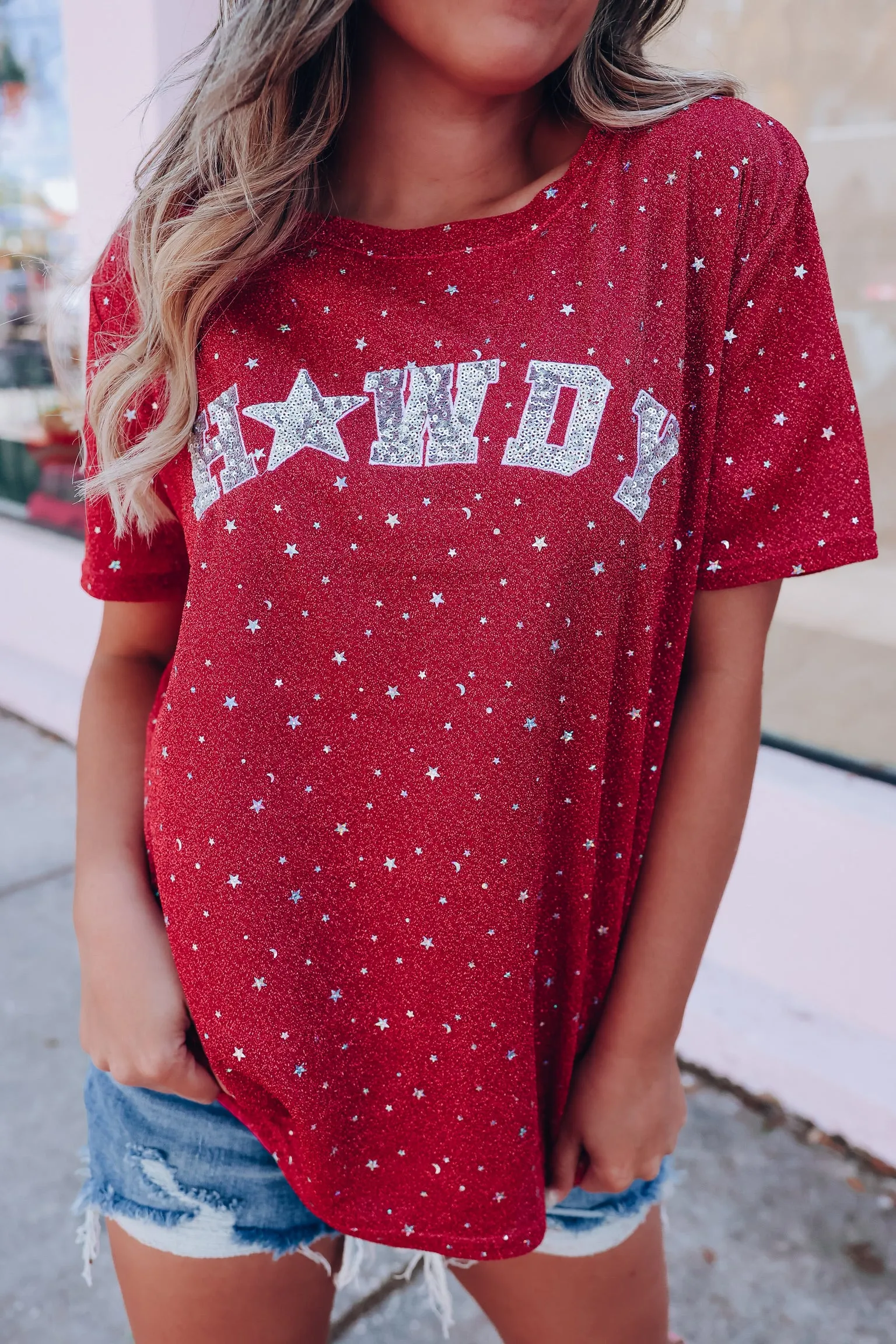 Star Dust Sequin Patch Howdy Top - Deep Pink