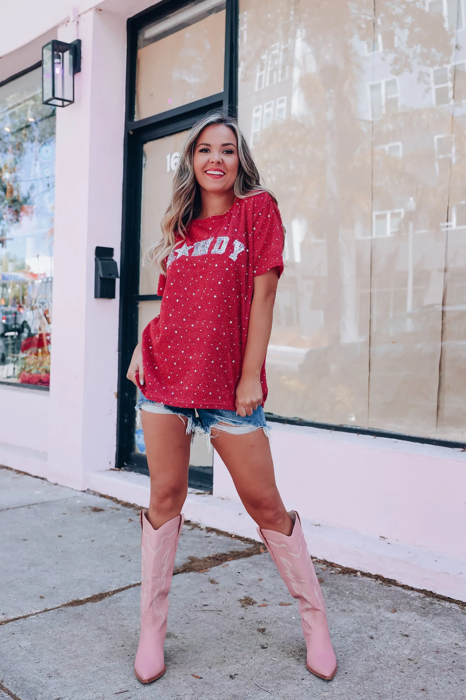 Star Dust Sequin Patch Howdy Top - Deep Pink