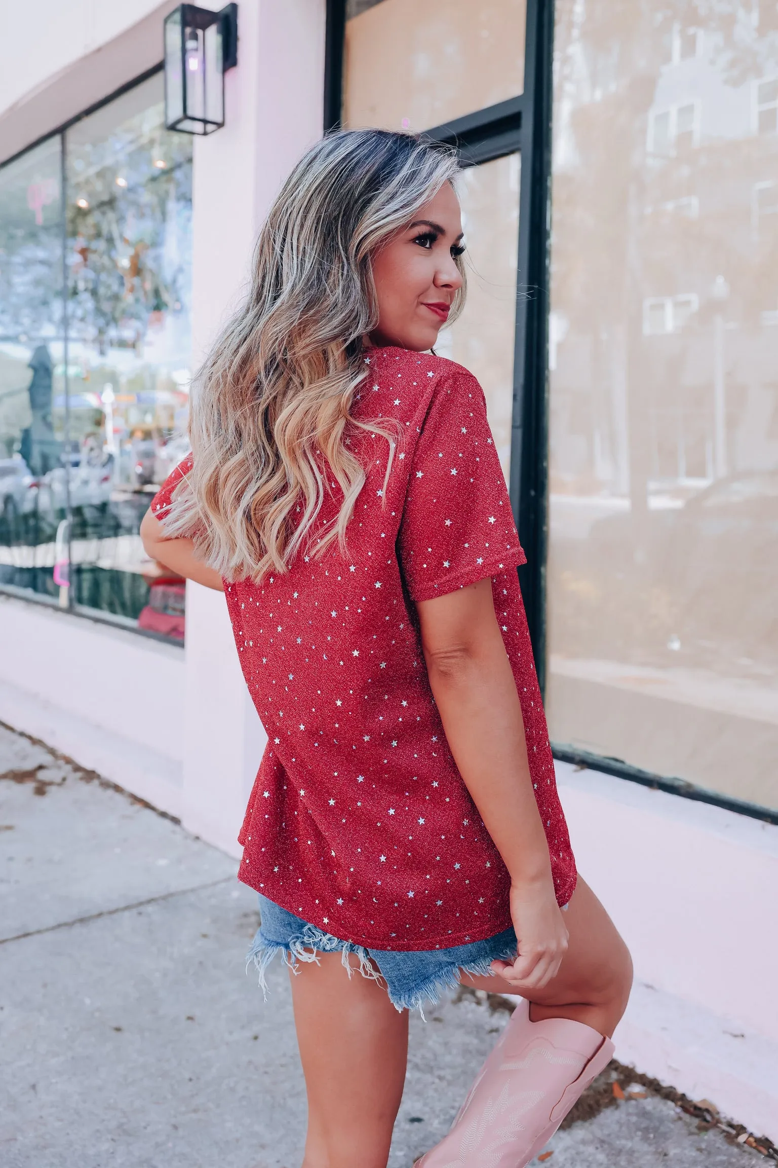 Star Dust Sequin Patch Howdy Top - Deep Pink