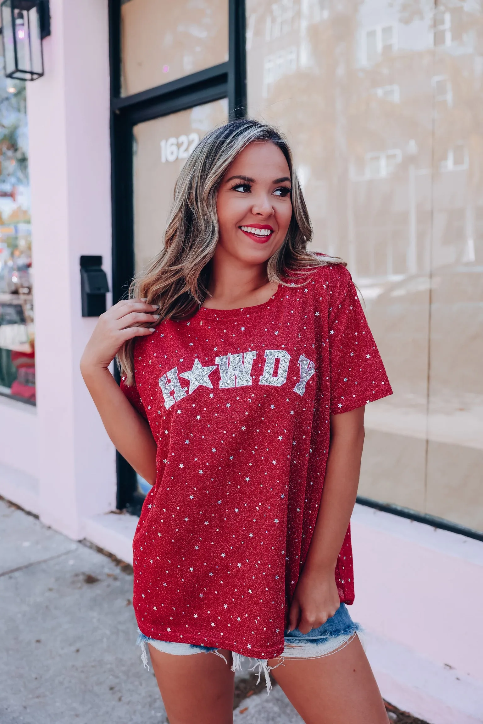 Star Dust Sequin Patch Howdy Top - Deep Pink