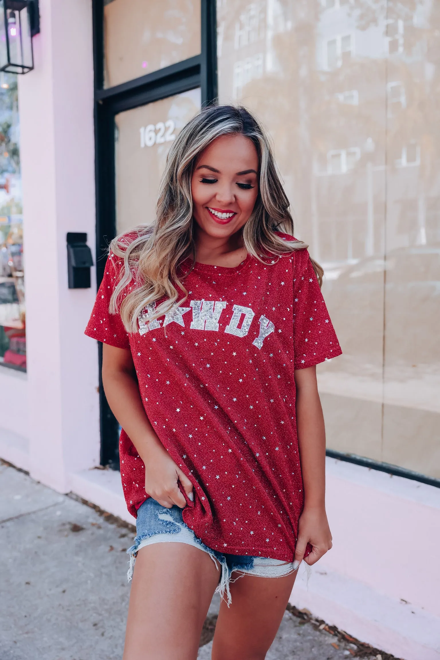 Star Dust Sequin Patch Howdy Top - Deep Pink