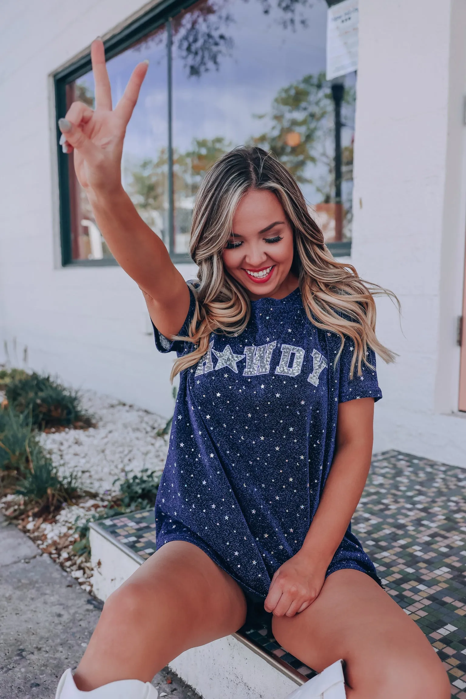 Star Dust Sequin Patch Howdy Top - Navy