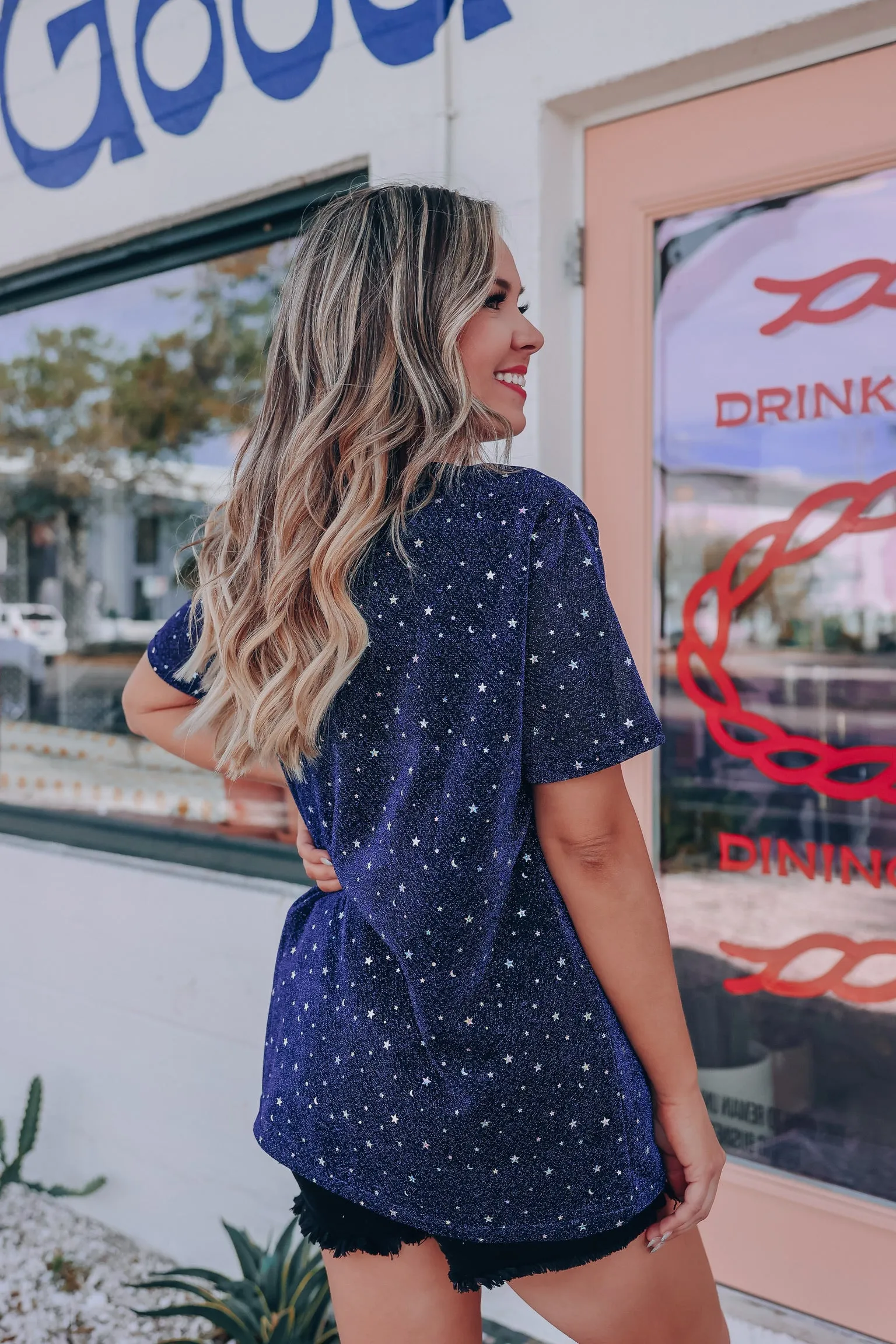 Star Dust Sequin Patch Howdy Top - Navy