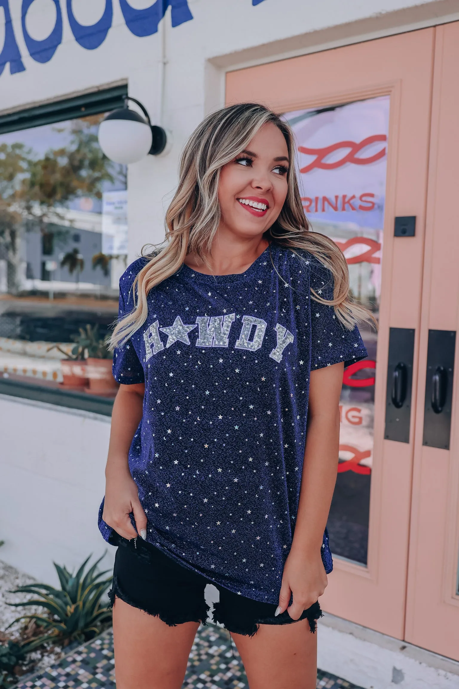 Star Dust Sequin Patch Howdy Top - Navy