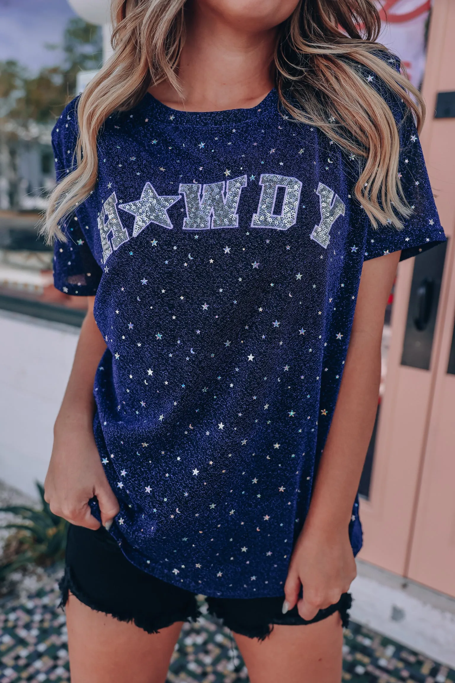 Star Dust Sequin Patch Howdy Top - Navy