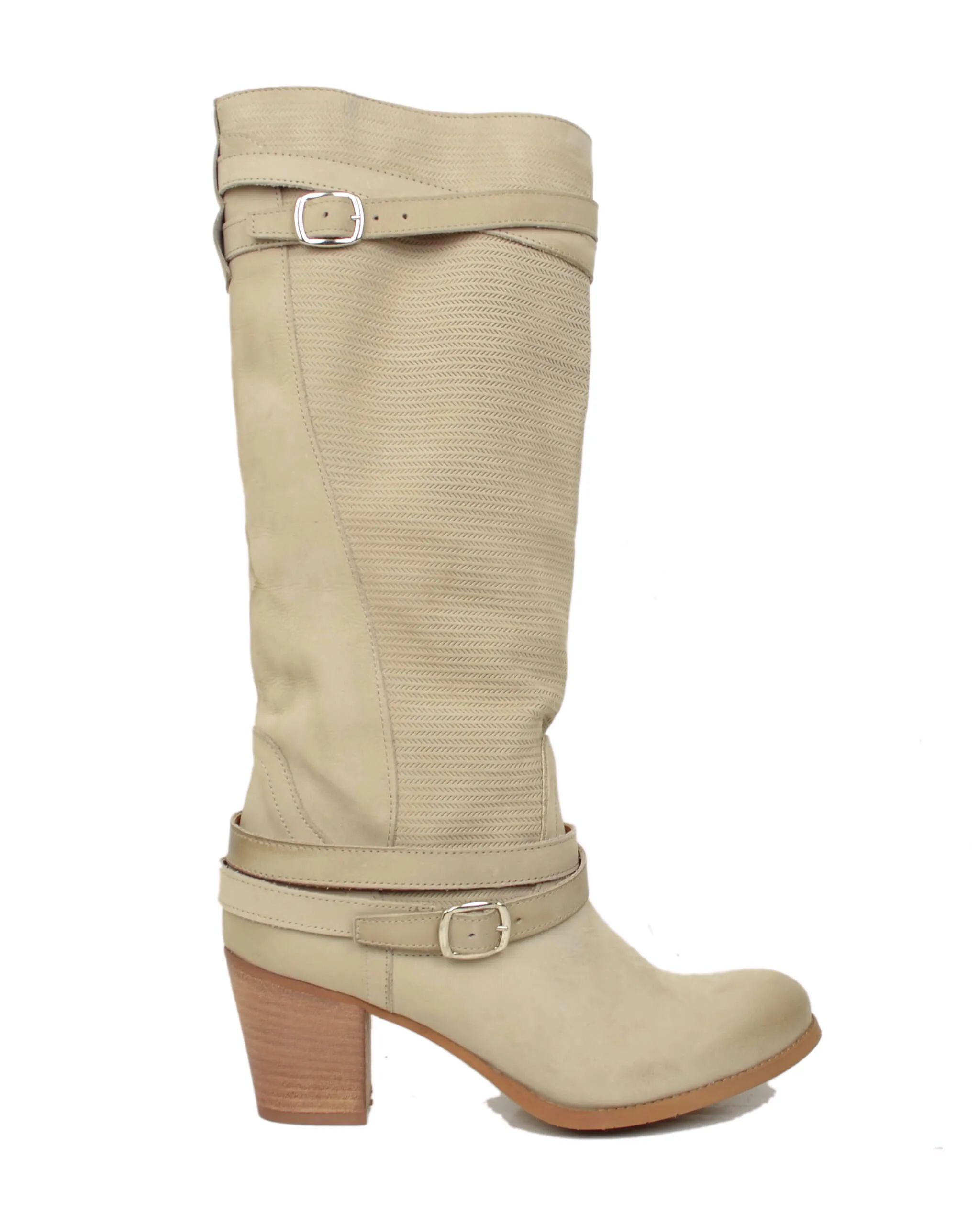 Stivali Donna in Pelle Nabuk Zigrinata Sabbia Tacco Medio 7 cm Made in Italy