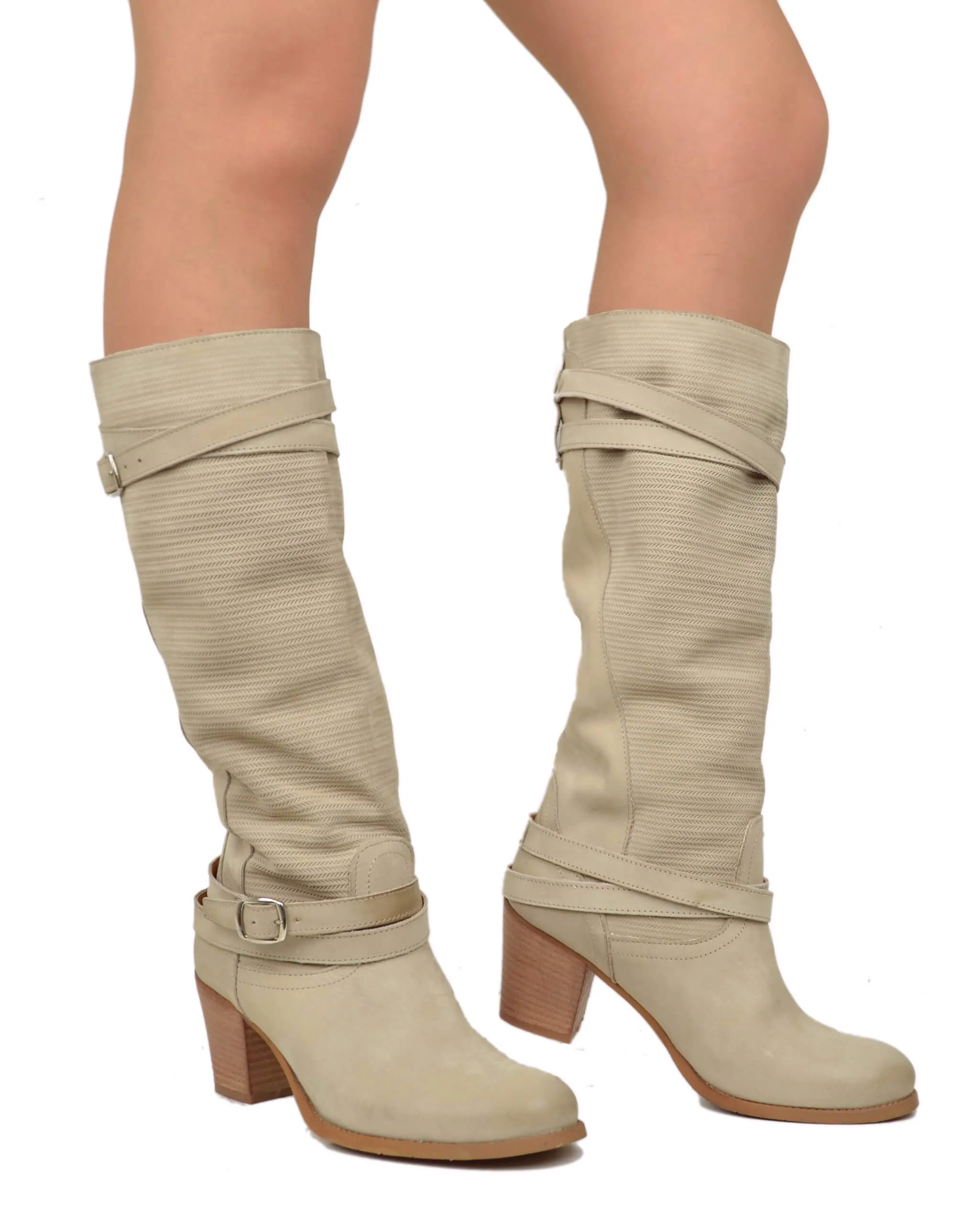 Stivali Donna in Pelle Nabuk Zigrinata Sabbia Tacco Medio 7 cm Made in Italy