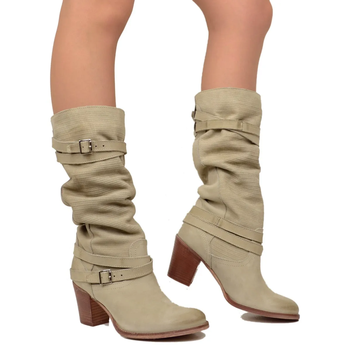 Stivali Donna in Pelle Nabuk Zigrinata Taupe Made in Italy