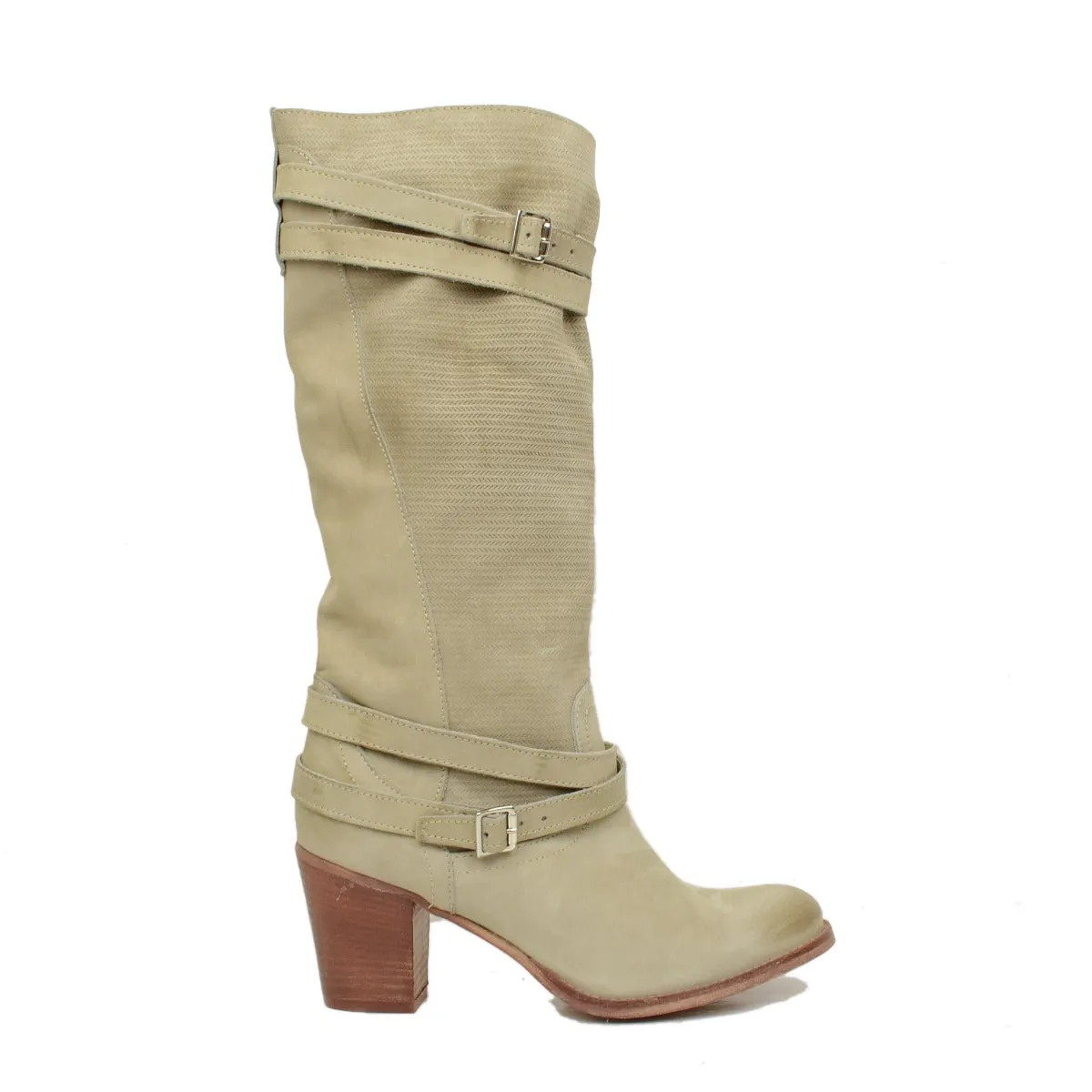 Stivali Donna in Pelle Nabuk Zigrinata Taupe Made in Italy