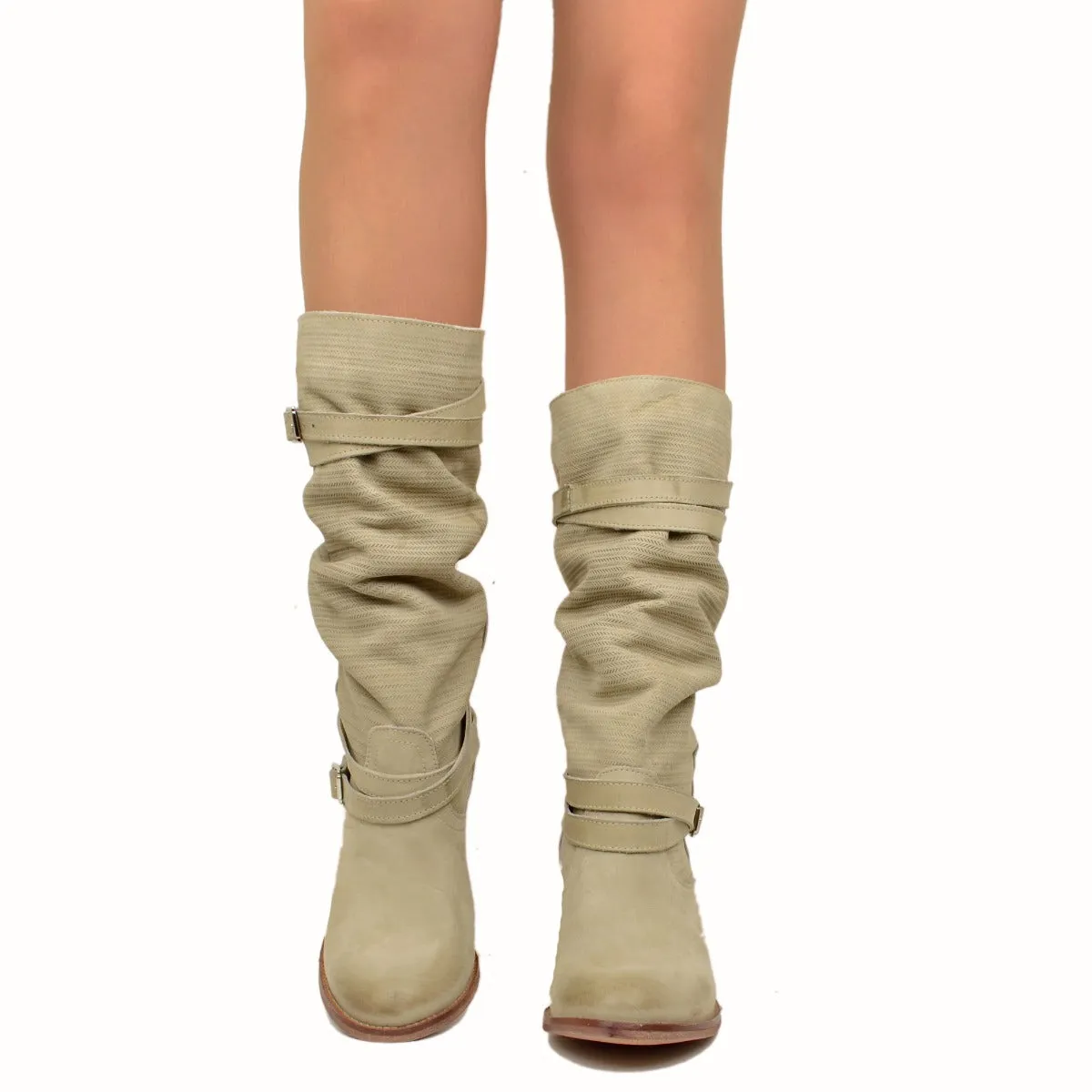Stivali Donna in Pelle Nabuk Zigrinata Taupe Made in Italy