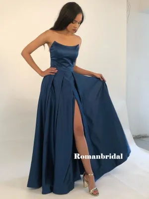 Strapless A-line Sleeveless Long Navy Blue Prom Dresses With Split, PD0793