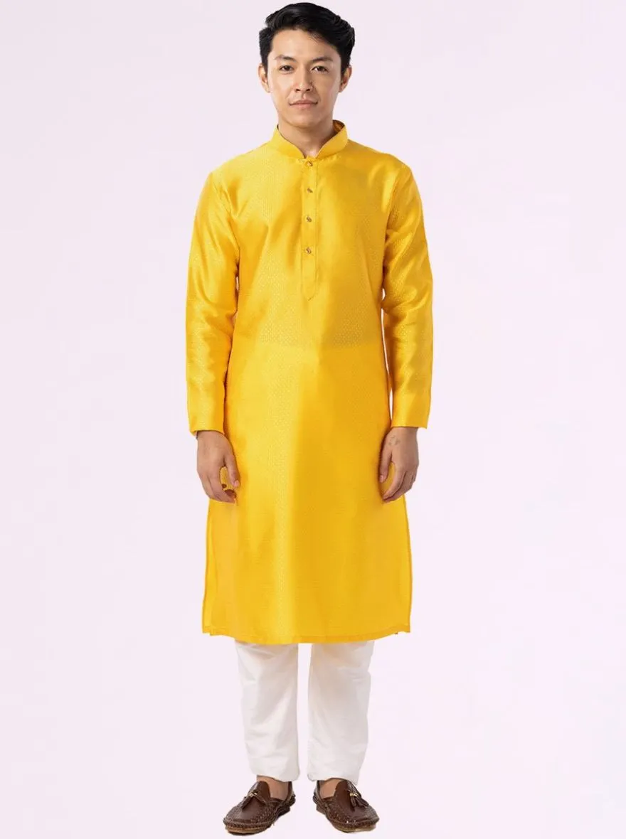 Sunflower Yellow Self Textured Cotton Blend Kurta | The Kurta Company