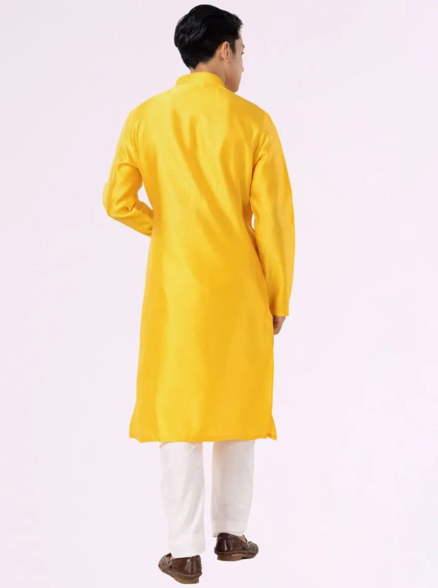Sunflower Yellow Self Textured Cotton Blend Kurta | The Kurta Company