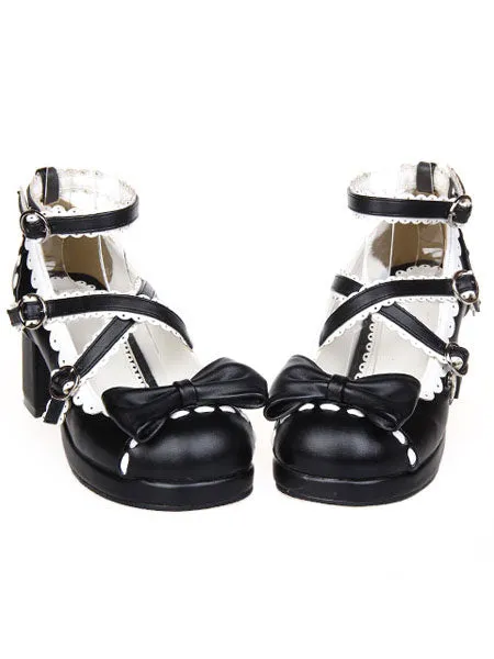 Sweet Lolita Chunky Heels Shoes Ankle Strap Bow Deco