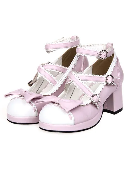 Sweet Lolita Chunky Heels Shoes Ankle Strap Bow Deco