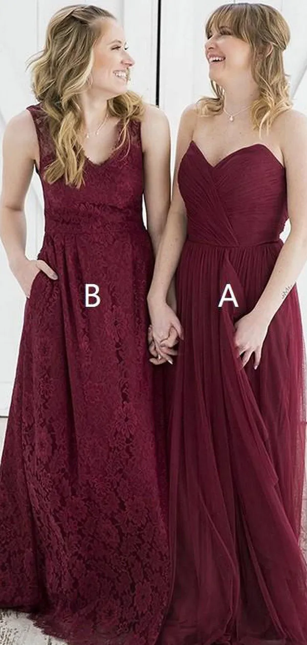 Sweetheart Burgundy Full Lace Long Tulle Bridesmaid Dress, BD0502