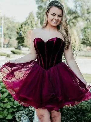 Sweetheart Burgundy Lace up back Strapless Homecoming Dresses, HD0513