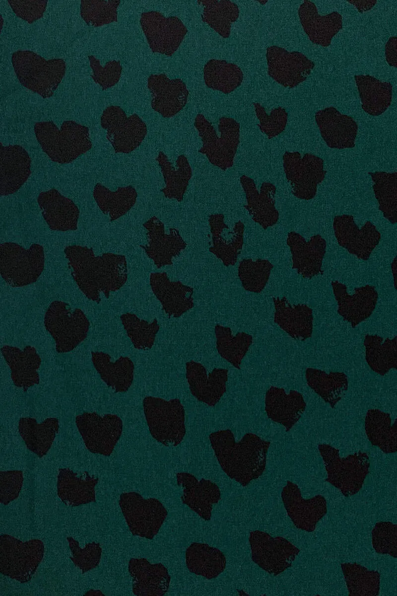 Teal Heart Print Pleat Long Sleeve Dress