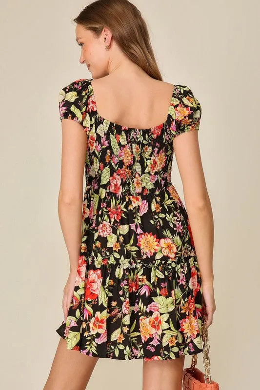 Tropical Puff Sleeve Square Neck Dress