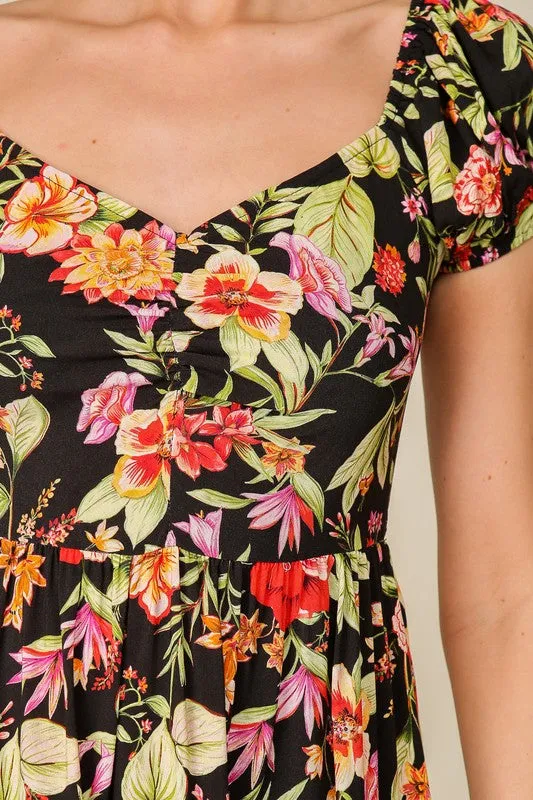 Tropical Puff Sleeve Square Neck Dress