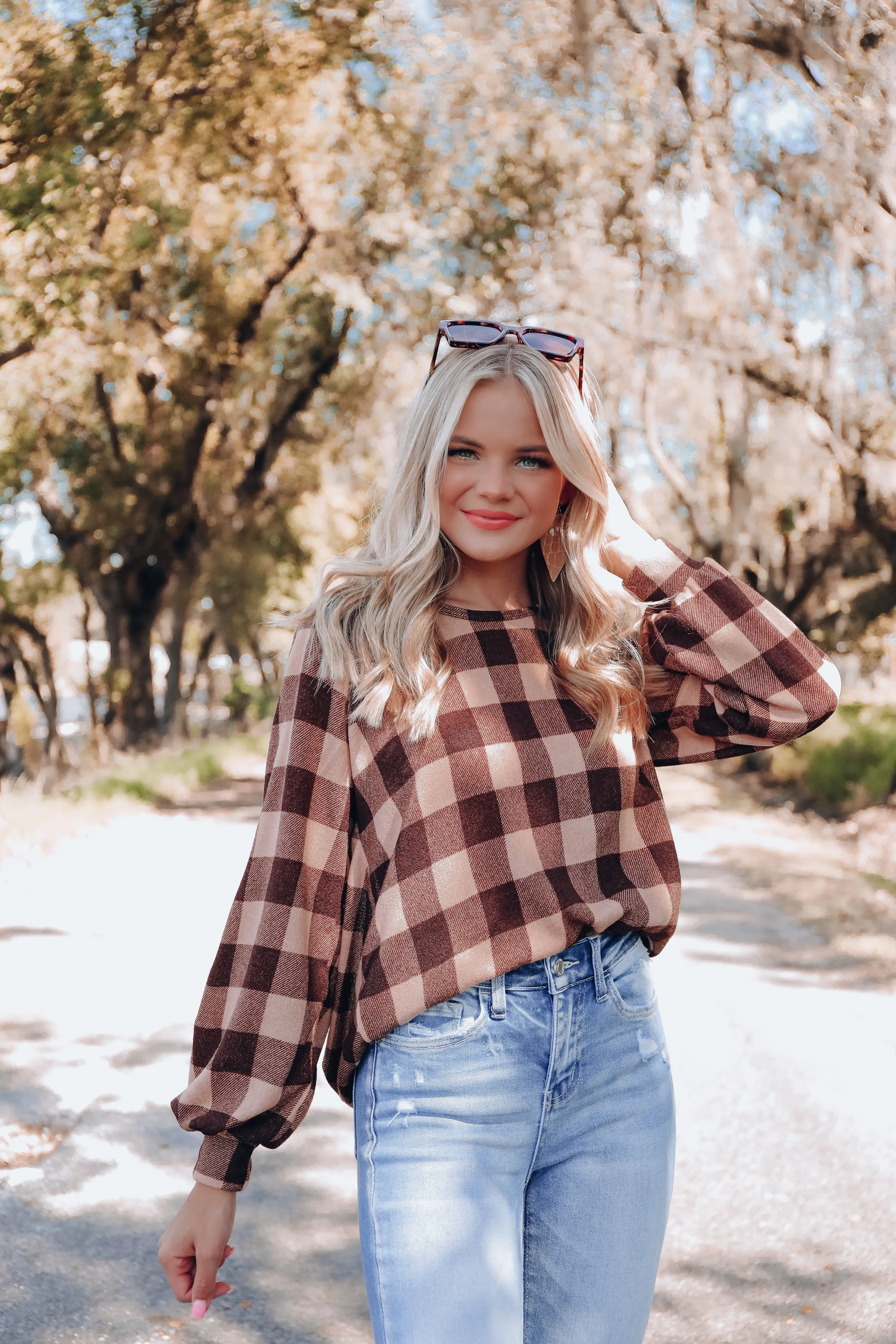 Twisted Tie Back Detail Plaid Top - Taupe/Brown