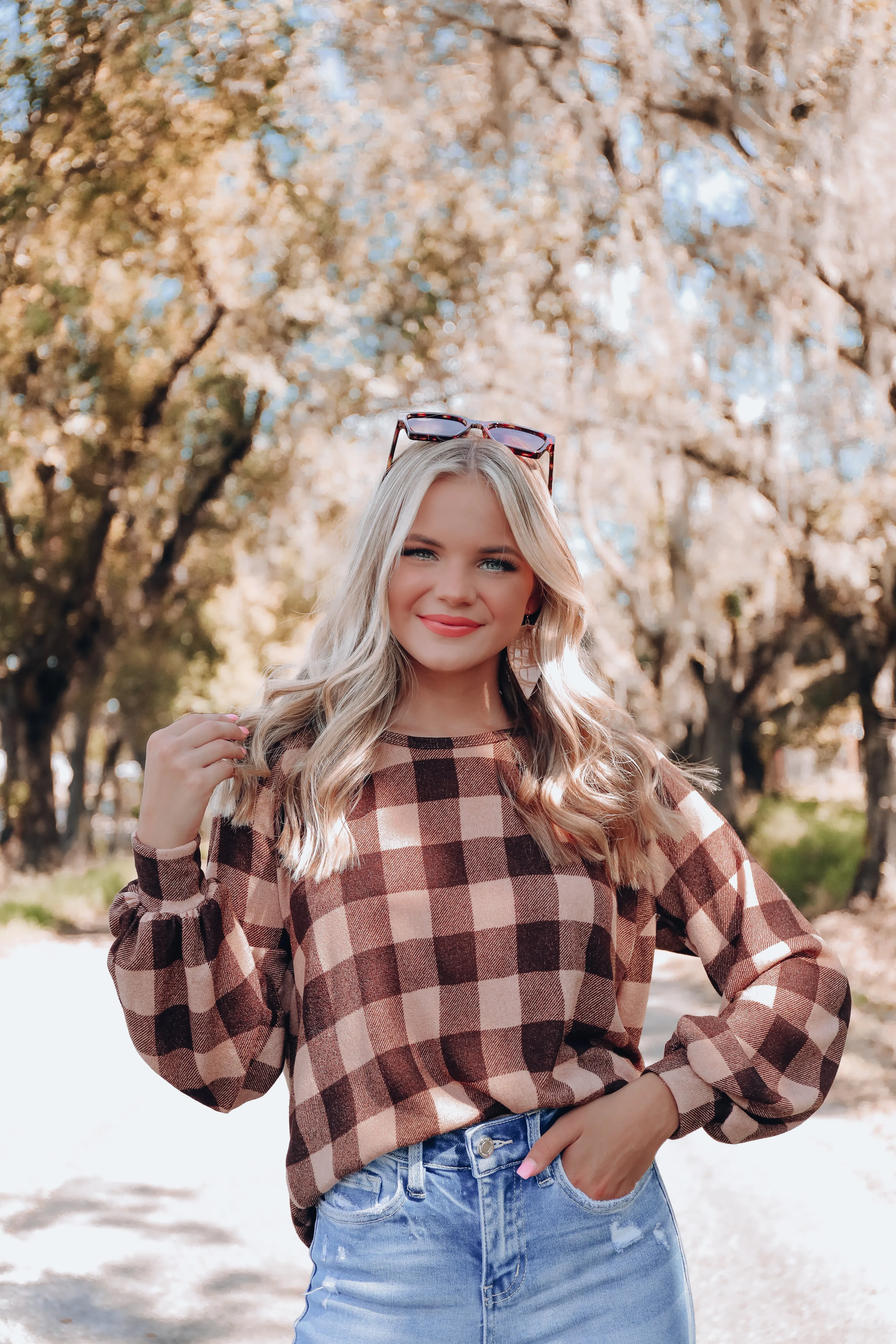 Twisted Tie Back Detail Plaid Top - Taupe/Brown