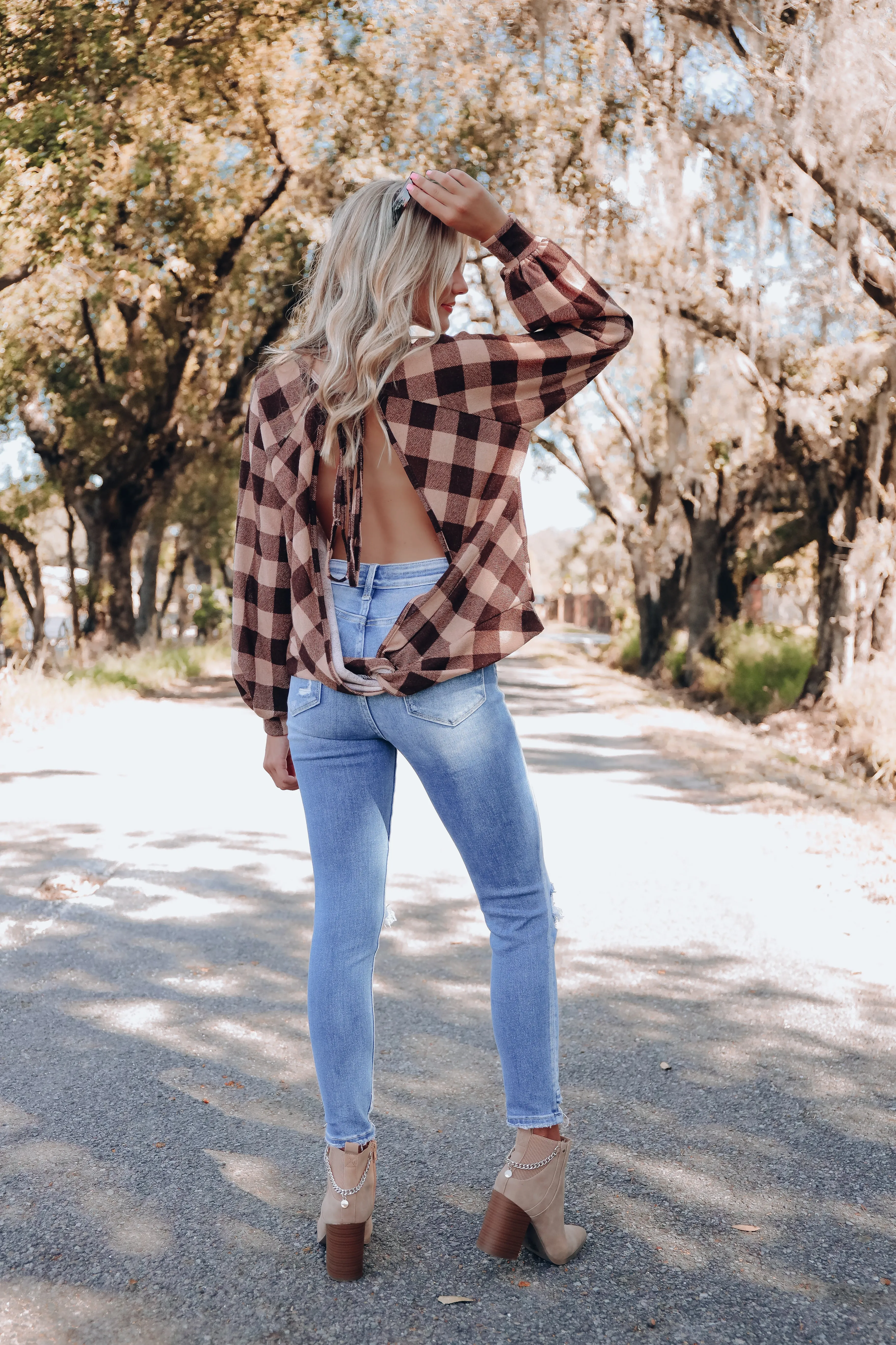 Twisted Tie Back Detail Plaid Top - Taupe/Brown