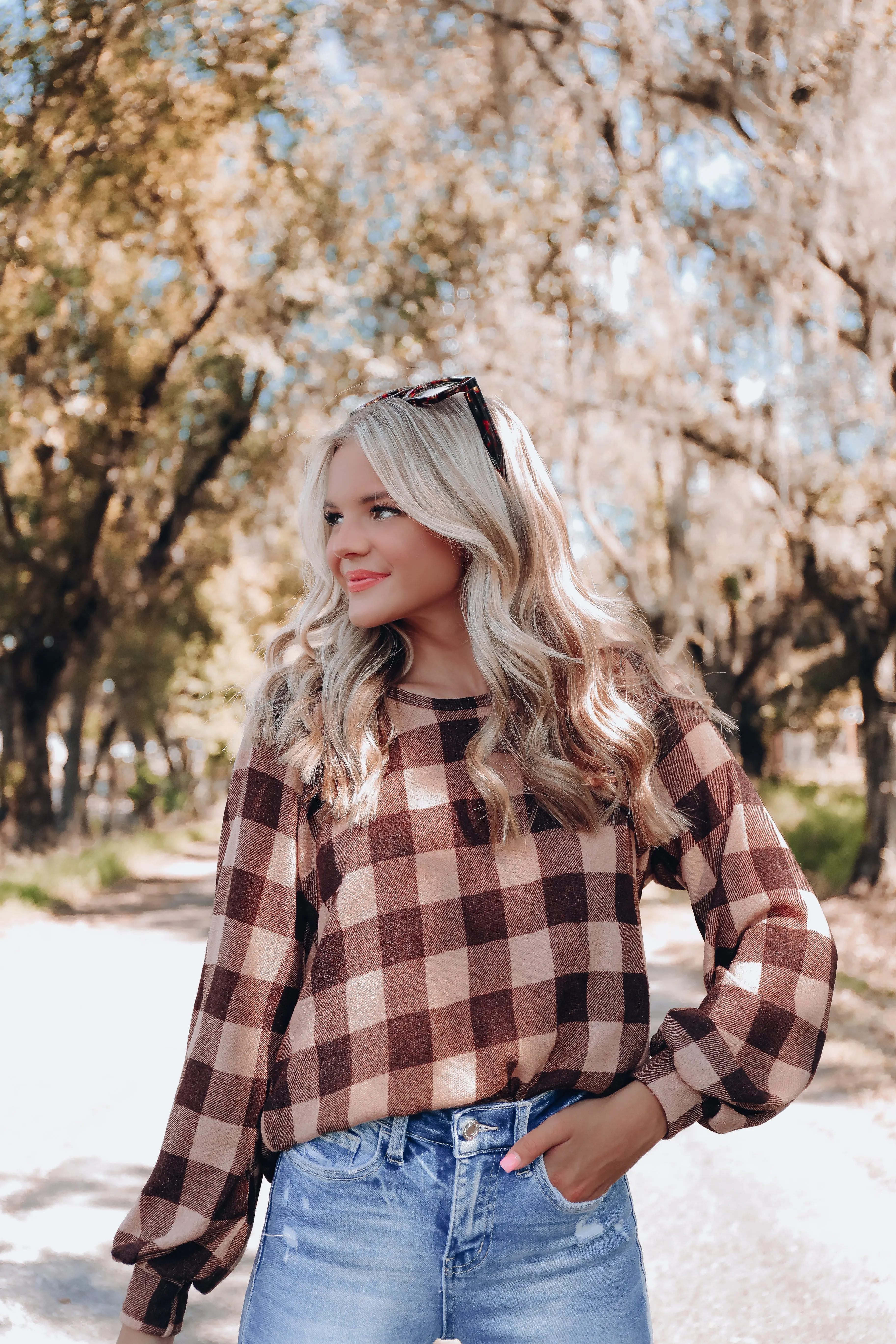 Twisted Tie Back Detail Plaid Top - Taupe/Brown