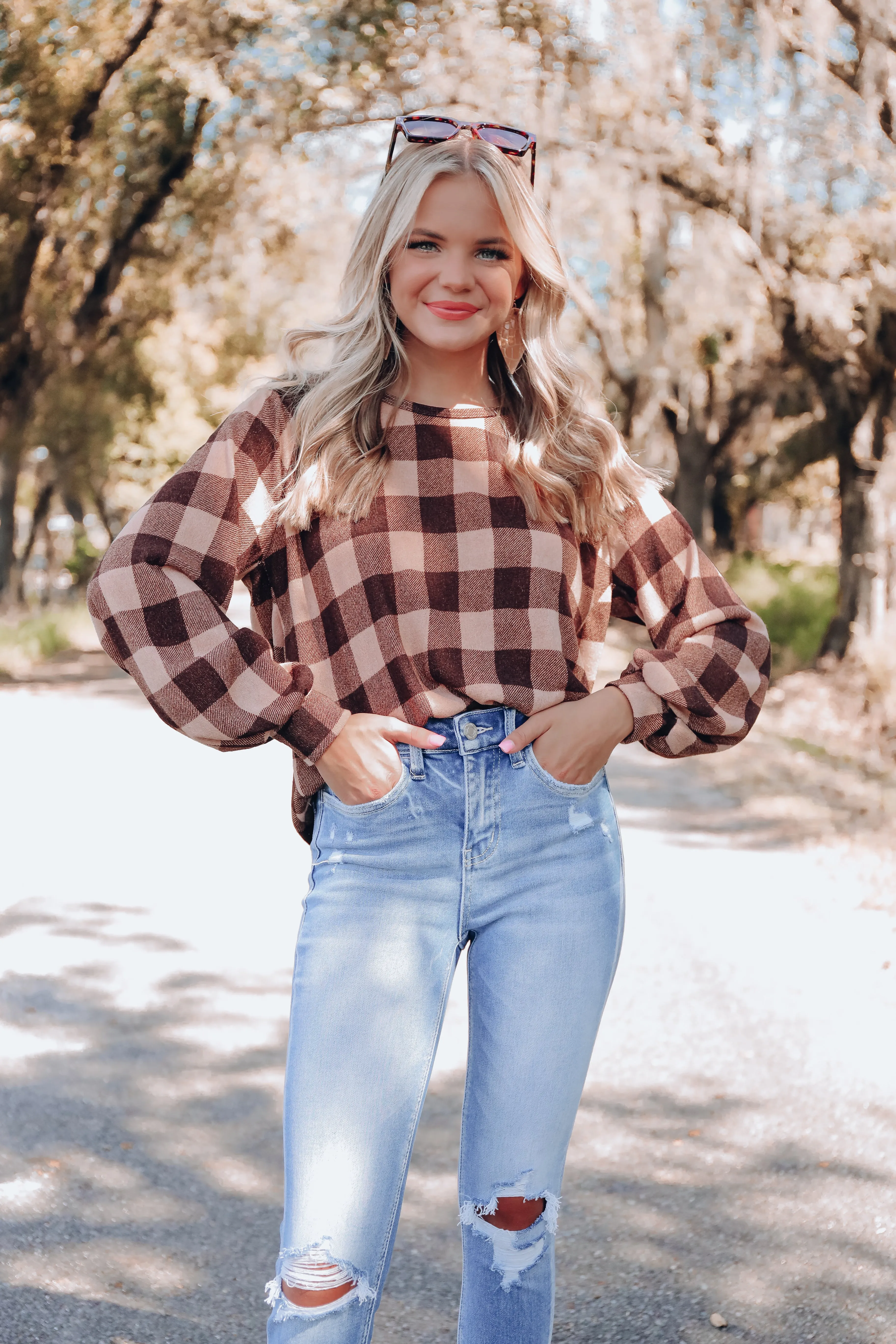 Twisted Tie Back Detail Plaid Top - Taupe/Brown