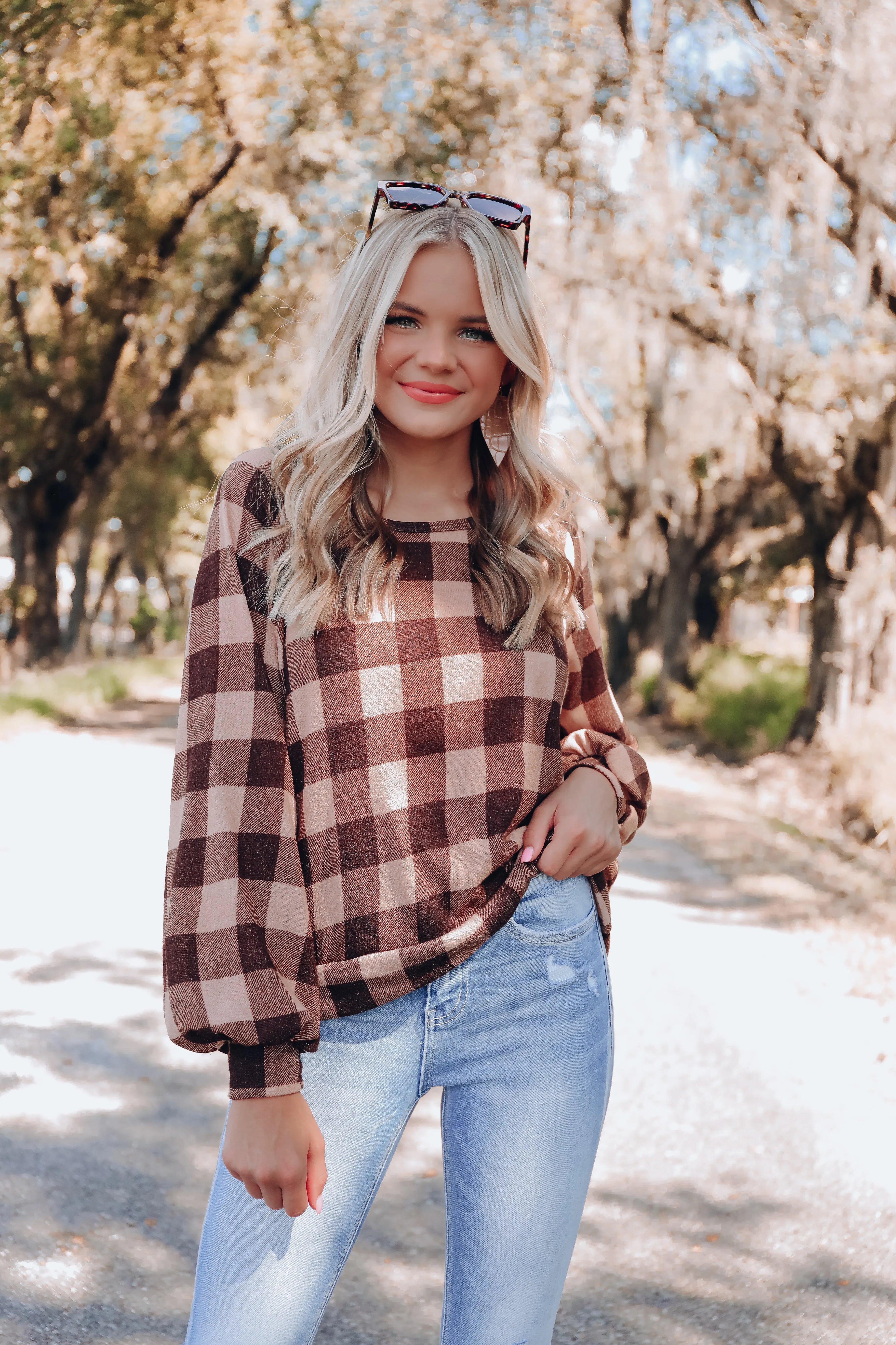 Twisted Tie Back Detail Plaid Top - Taupe/Brown