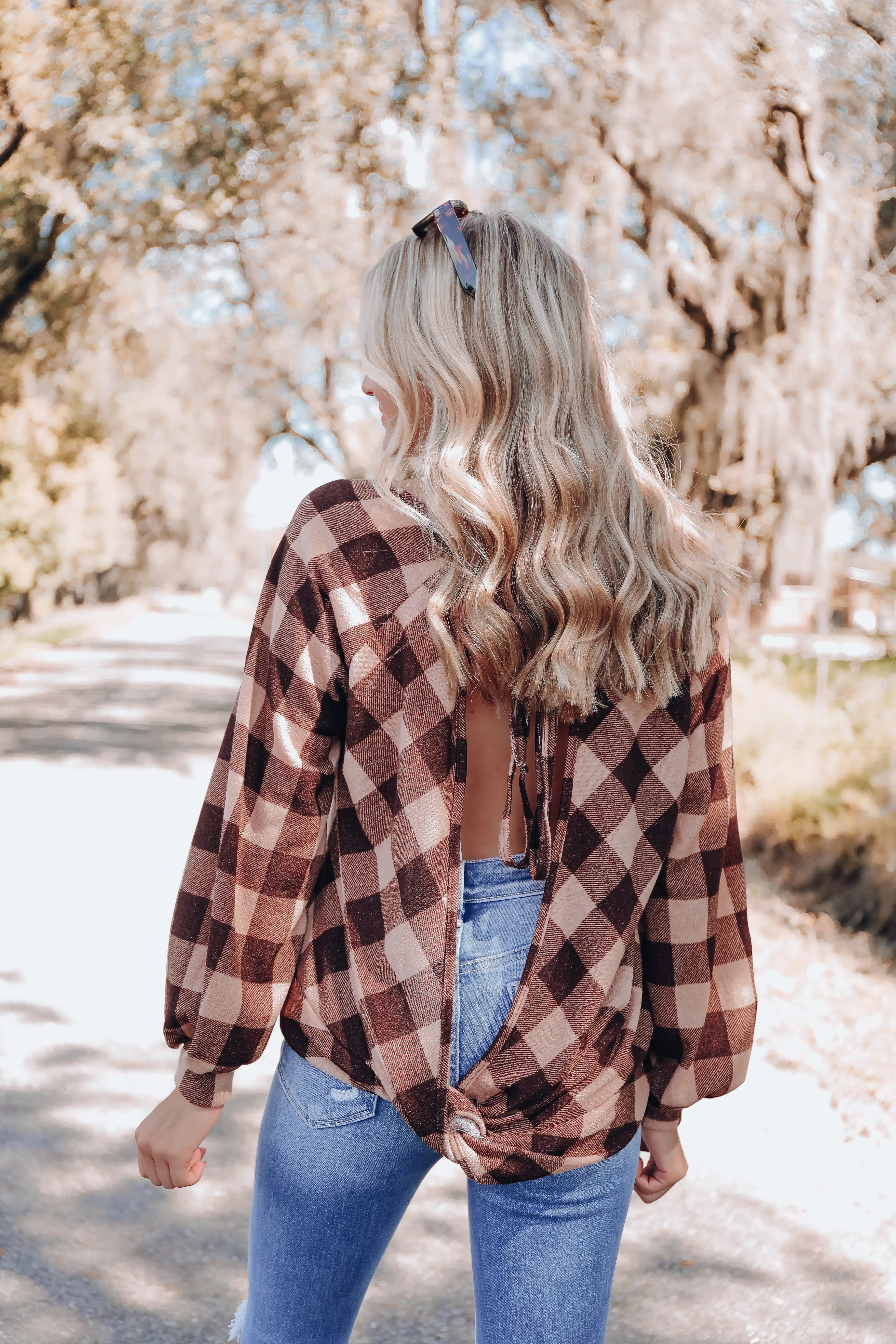 Twisted Tie Back Detail Plaid Top - Taupe/Brown