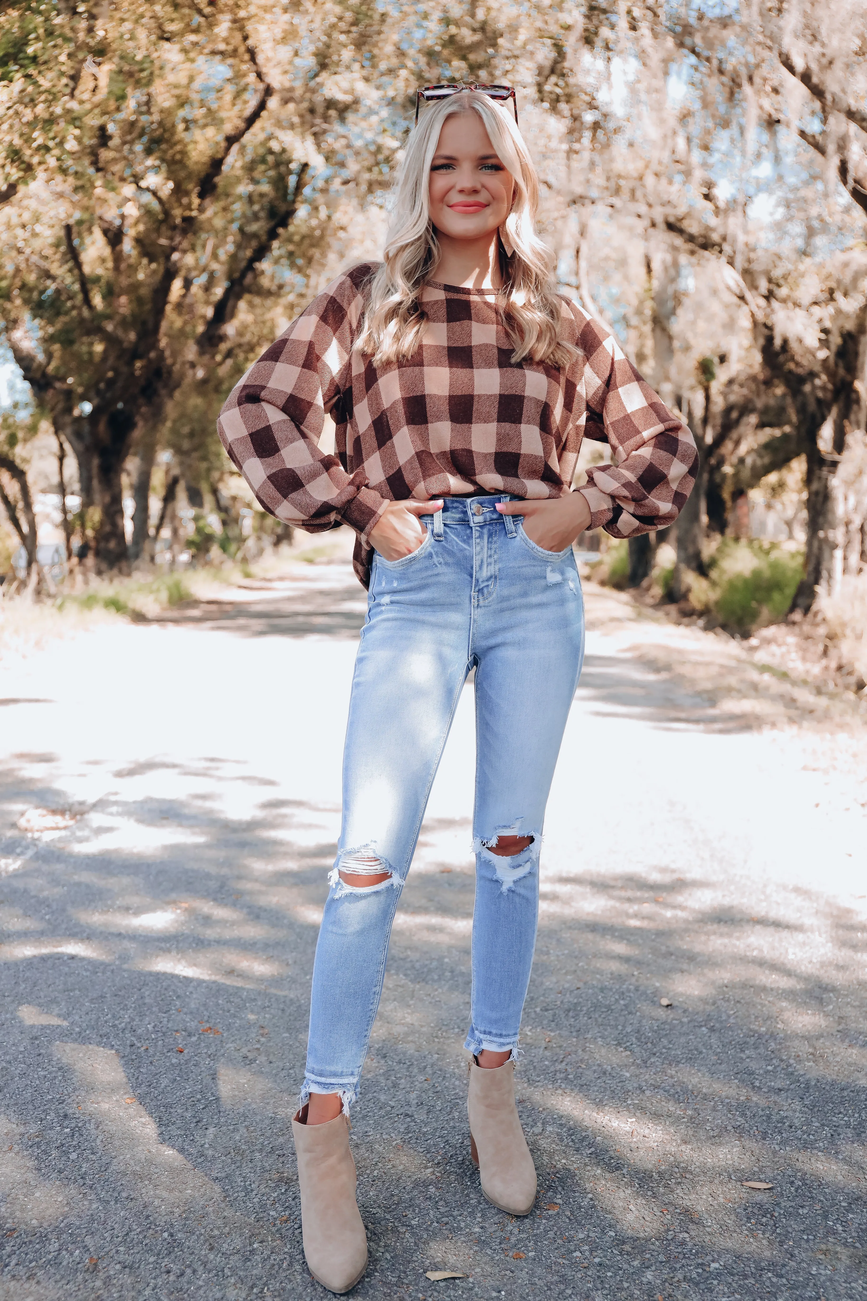 Twisted Tie Back Detail Plaid Top - Taupe/Brown