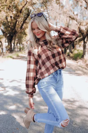 Twisted Tie Back Detail Plaid Top - Taupe/Brown